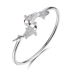 Canarea Armband silbert 925 Damen Einfache Glücklich Symbol Dopple Mini Fische offen Charm-Armreif Armkettchen Für Freundin Mädchen Einstellbar von Canarea