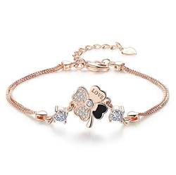 Canarea Armband silbert 925 Damen vierblättriges Kleeblatt Rose Golden Zirkonia Charm-Armreif Armkettchen Für Freundin Mädchen Einstellbar von Canarea