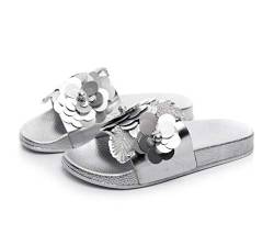 Canarea Damen Hausschuhe Sommer Mode Glitzer Strass Sandalen Frauen Mädchen flip Flops Strand Flach Pailletten Bling rutschfest Bequeme Slipper Casual Badeschuhe Pantoletten (Silber, Numeric_41) von Canarea