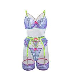 Canarea Reizwäsche Sex Erotik Damen Gaze mit Beinfesseln G-String Mode Push up Dessous-Set Kostume Bikini, Lingerie Sexy Ouvert Perspektive Spitze Rueckfrei Bodysuit Vierteilig Bodydoll (Lila, S) von Canarea