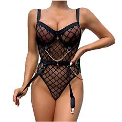 Canarea Reizwäsche Sex Erotik Damen Spitze Lace mit Strumpfbänder Perspektive Kostume Lingerie Sexy Push up Ouvert Rueckfrei Dessous-Set (Schwarz, S) von Canarea