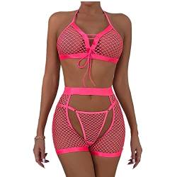 Canarea Reizwäsche Sex Erotik Spitze Lace Halter Damen Bikini-Set Gaze einteiliges Lingerie Sexy Push up Ouvert Perspektive Dreiteilig Dessous-Set (Rosa, S) von Canarea