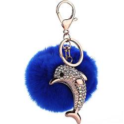 Canarea Schlüsselanhänger Plüsch Ball Pompom Taschenanhänger Süß Delfin Strass Weich bommel Keychain ,Elegant Plüsch-Kugel Auto-Anhänger Glitzer Schlüsselring Handtaschenanhänger (Blau) von Canarea