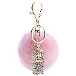 Canarea Schlüsselanhänger plüsch ball Taschenanhänger strass bommel Keychain Elegant Plüsch-Kugel Auto-Anhänger Pompom mit Strass Parfümflasche Glitzer Weich Schlüsselring (PINK-1) von Canarea