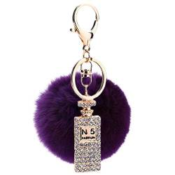 Canarea Schlüsselanhänger plüsch ball Taschenanhänger strass bommel Keychain Elegant Plüsch-Kugel Auto-Anhänger Pompom mit Strass Parfümflasche Glitzer Weich Schlüsselring (Violet) von Canarea