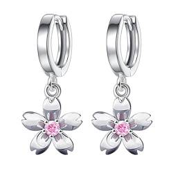 Ohrringe Damen Mädchen ohrhänger creolen 925er Sterling Silber Mit Anhänger Sakura Kristall Süß Hoop Studs Ohrschmuck Hypoallergen für Frauen Freundin (Pink) von Canarea