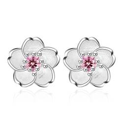 Ohrringe Damen Mädchen ohrstecker Silber 925er Sterling Mit Pink Kristall Sakura Blumen Edel Klein Studs Spike Ohrschmuck Hypoallergen für Frauen Freundin von Canarea