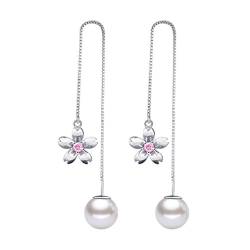 Ohrringe Damen Mädchen ohrstecker ohrhänger 925er Sterling Silber Mit Perle Sakura Kristall Lange Troddel Studs Spike Ohrschmuck für Frauen Freundin Hypoallergen (Pink) von Canarea