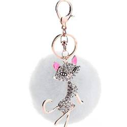 Schlüsselanhänger plüsch Ball Süß Strass Katze Taschenanhänger glänzend Plüsch-Kugel Auto-Anhänger Pompom Weich bommel Keychain Handtaschenanhänger Dekor Glücksbringer Geschenk (Weiß) von Canarea