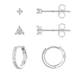 3er Ohrringe Set Für 3 Ohrlöcher Silber 925 Echtsilber -Süßwasserperlen Ohrringe-Zirkonia Ohrstecker-Creolen Hoops - 3 Paar Pack Nickelfrei (Zirkonia Ohrstecker-Creolen SET 1) von Candyfancy