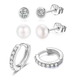 Candyfancy Ohrringe Set für Mehrere Ohrlöcher Silber 925 3er Ohrringe Set für Damen Herren Mädchen 9mm Zirkonia Creolen 3mm Klein Ohrstecker 6mm Süßwasserperlen Ohrringe von Candyfancy