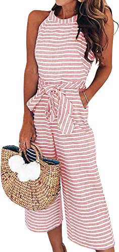 Canil4Y Damen Jumpsuit Sommer Overall Frauen Gestreiften Hosenanzug Ärmellos Playsuit Breites Bein Romper Spielanzug Weites Bein Rosa L von Canli4Y