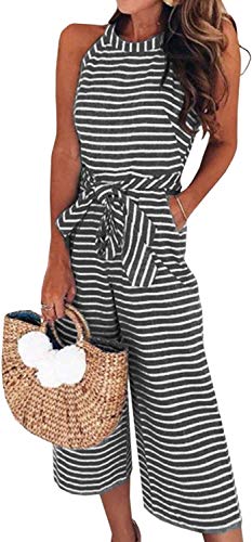 Canil4Y Damen Jumpsuit Sommer Overall Frauen Gestreiften Hosenanzug Ärmellos Playsuit Breites Bein Romper Spielanzug Weites Bein Schwarz M von Canli4Y