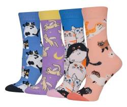 Cansok Damen Crew Neuheit Glückliche Katze Socken Geschenk Baumwolle anziehen Wadensocken Packung mit 4 von Cansok