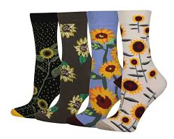 Cansok Damen Crew Neuheit Sonnenblume Sterne Socken Geschenk Baumwolle anziehen Wadensocken Packung mit 4 von Cansok