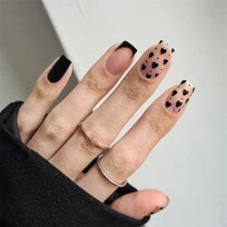 Canvalite Press On Nails Mittel Französischer Tipp,Mandel Französische Künstliche Nägel,Kurz Acryl Nägel Zum Aufkleben mit Nagelkleber, Schwarze Französische Künstliche Nägel von Canvalite