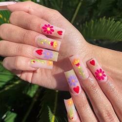 Canvalite Press on Nail 24 Stück Künstliche Nägel,Mandel Französische Künstliche Nägel,Kurz Acryl Nägel Zum Aufkleben mit Nagelkleber,Blume Französische Künstliche Nägel von Canvalite