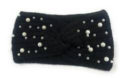 Damen Mädchen Winter Warm Stirnband Strick Wollkopf Ohrwärmer Wrap Schweißband mit Perlenmotiven UK (Schwarz) von Caprilite