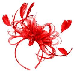 Fascinator mit Haarreifen und Netz/Feder für Hochzeit/Pferderennen, Rot von Caprilite