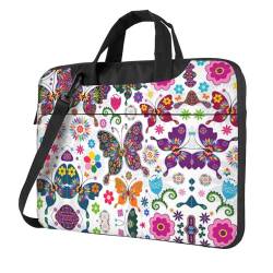 Purple Rose Skull Multifunktionale Laptoptasche - Wasserdichte Arbeit Aktentasche Laptop Tasche - Ideal für Frauen und Männer, Frühlingsblumen-Schmetterling, 14 inch von CarXs