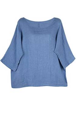 Shirt Oberteil Halbarm Edel Damen Leinen Jeansblau Made in Italy 38 40 42 von Cara Mia