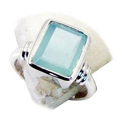 CaratYogi Silber natürlicher Aqua Chalcedony Ring Smaragd-Cut handgefertigte Lünette Stil runde Form Größe 63 (20.1) von CaratYogi