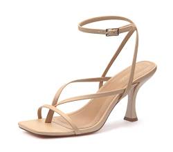 Carcuume Damen-Sandalen mit Kätzchenabsatz, quadratischer Zehenbereich, Knöchelriemen, Stiletto-Absatz, Nude Pu, 38 EU von Carcuume