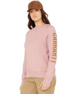 Carhartt Damen-Sweatshirt, lockere Passform, mittelschwer, Rundhalsausschnitt, Block-Logo-Ärmel, Grafik-Sweatshirt, Foxglove Heather, L von Carhartt