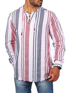 Carisma Herren Stehkragen Vintage Tunika Hemd mit Schnürkragen Langarm mit trendigen Längsstreifen Retro Kontrast Look 8534, Grösse:L, Farbe:Rot Blau gestreift von Carisma