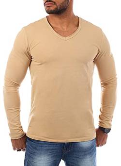 Carisma Herren Uni Basic Langarm T-Shirt Longsleeve mit tiefem V-Ausschnitt Vintage Look Kragen Effekt einfarbig Dehnbare Passform 3428, Grösse:M, Farbe:Camel von Carisma