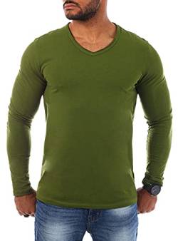 Carisma Herren Uni Basic Langarm T-Shirt Longsleeve mit tiefem V-Ausschnitt Vintage Look Kragen Effekt einfarbig Dehnbare Passform 3428, Grösse:S, Farbe:Oliv-Grün von Carisma