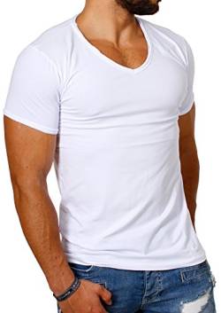 Carisma Herren Uni Basic T-Shirt mit tiefem V-Ausschnitt Vintage Destroyed Kragen Effekt einfarbig Dehnbare Passform, Grösse:M, Farbe:Weiß von Carisma