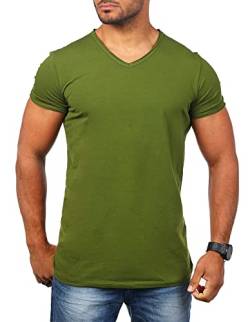 Carisma Herren Uni Basic T-Shirt mit tiefem V-Ausschnitt Vintage Destroyed Kragen Effekt einfarbig Dehnbare Passform, Grösse:XL, Farbe:Oliv-Grün von Carisma