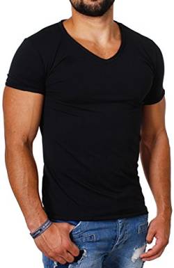 Carisma Herren Uni Basic T-Shirt mit tiefem V-Ausschnitt Vintage Destroyed Kragen Effekt einfarbig Dehnbare Passform, Grösse:XL, Farbe:Schwarz von Carisma
