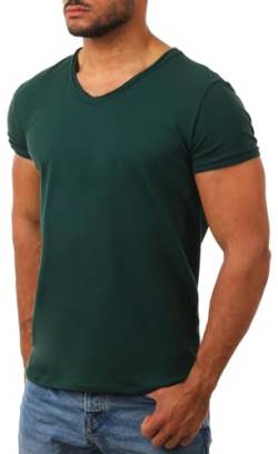 Carisma Herren Uni Basic T-Shirt mit tiefem V-Ausschnitt Vintage Destroyed Kragen Effekt einfarbig Dehnbare Passform, Grösse:XXL, Farbe:Dunkelgrün von Carisma