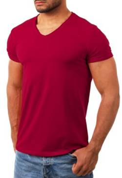 Carisma Herren Uni Basic T-Shirt mit tiefem V-Ausschnitt Vintage Look Kragen Effekt einfarbig Dehnbare Passform, Grösse:S, Farbe:Weinrot von Carisma