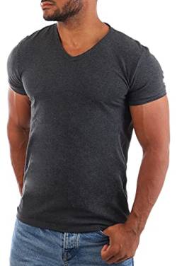 Carisma Herren Uni Basic T-Shirt mit tiefem V-Ausschnitt Vintage Look Kragen Effekt einfarbig Dehnbare Passform, Grösse:XL, Farbe:Dunkelgrau von Carisma