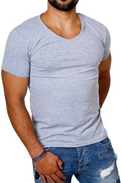 Carisma Herren Uni Basic T-Shirt mit tiefem V-Ausschnitt Vintage Look Kragen Effekt einfarbig Dehnbare Passform, Grösse:XXL, Farbe:Grau von Carisma