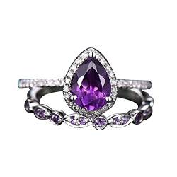 Caritierily Ringe Bänder Glänzender Amethyst Ring Tropfenform Zirkonia Versprechen Ringe Set Teardrop Ring Verlobung Ehering Ring Sets 2 Ringe (Purple, 7) von Caritierily