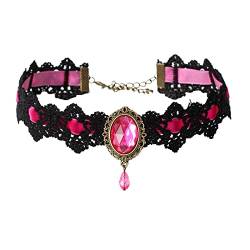 Retro Gothic Lace Choker Elegant Sexy Halskette Black Lace Choker Clavicle Chain Halskette mit Strass Spitzenschmuck für Frauen Mädchen Anhänger Lederkette Herren (Pink, One Size) von Caritierily