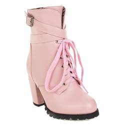 Carkuolary Damen Combat Stiefelette Runde Zehen Chunky Schnüren Side Zippers Block Heels Stiefeletten für Frauen Mädchen Damen Rosa Große 45 von Carkuolary