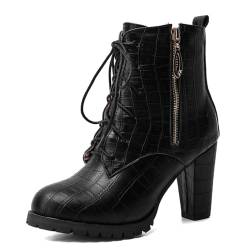 Carkuolary Damen Combat Stiefelette Runde Zehen Chunky Schnüren Side Zippers Block Heels Stiefeletten für Frauen Mädchen Damen Schwarz Große 39 von Carkuolary