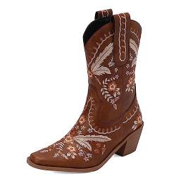 Carkuolary Damen Western Cowboy Arbeit Stiefel with Embroidered Mode Retro Klassischer Tall Boot für Frauen Mädchen Damen Braun Große 41 von Carkuolary