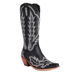 Carkuolary Damen Western Cowboystiefel with Embroidered Mode Retro Klassischer Tall Boot Pull On für Frauen Mädchen Damen Schwarz Große 40 von Carkuolary