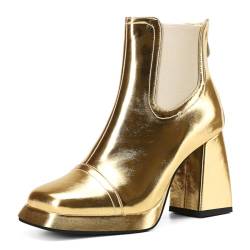 Carkuolary Womens Mode Side Zipper Gold Stiefeletten Chunky Heel Knöchel Stiefel Disco Costume Winter Schuhe für Frauen Mädchen Damen Große 34 von Carkuolary