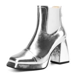 Carkuolary Womens Mode Side Zipper Silber Stiefeletten Chunky Heel Knöchel Stiefel Disco Costume Winter Schuhe für Frauen Mädchen Damen Große 36 von Carkuolary