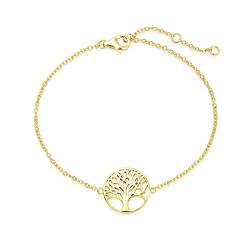 Baum des Lebens Armband für Damen Mädchen 925 Sterling Silber Gold Vergoldet - Verstellbar Armkette 16 + 3 cm von Carleen