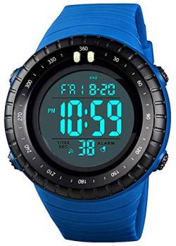 Herren Digital Sportuhr Wasserdicht Taktische Uhr mit LED Hintergrundbeleuchtung Alarm Datum Outdoor Uhr für Männer, Blau, 50mm, Digital von Carlien