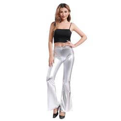 Damen-Leggings mit hoher Taille, glänzend, metallisch, 80er-Jahre, lange Leggins für Tanz, Tanz, Sport und Karneval, silber, M von Carnavalife