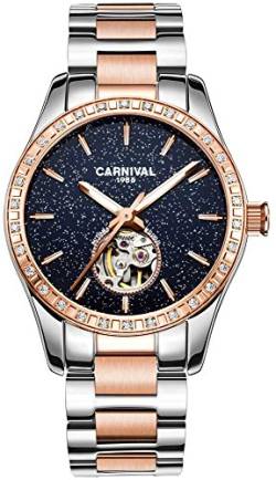 Women's Automatic Mechanical Female Watch Personality Sparkling Stars in the Blue Sky Skeleton Dial (Rose Gold Blue) von Carnival